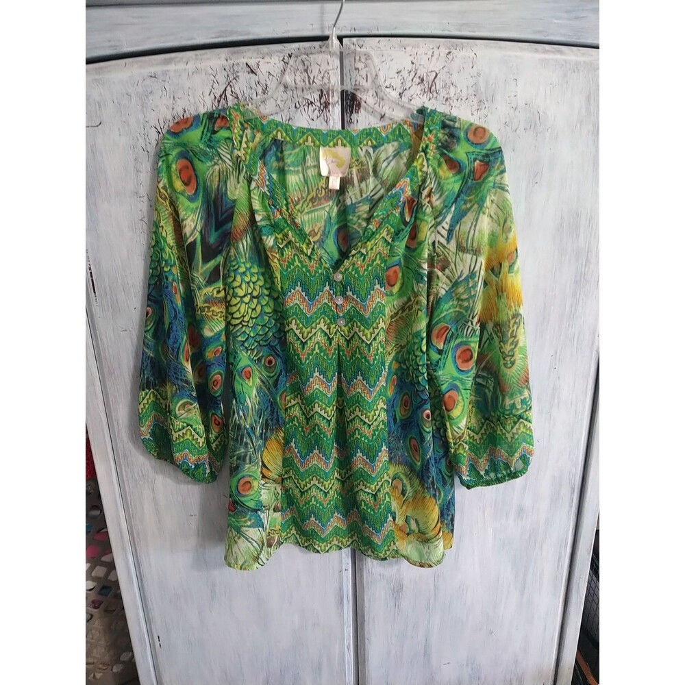 Fig & Flower Sheer Puff Sleeve V-neck Blouse Petite Large Boho Multicolor